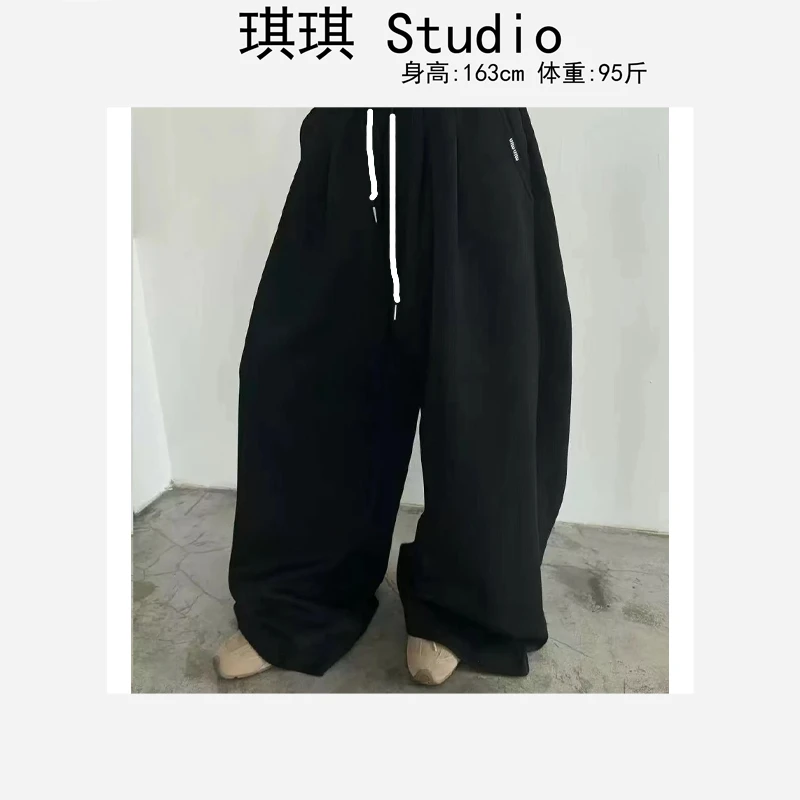 秋季新款松紧腰抽绳口袋字母标褶皱舒适宽松气质百搭休闲裤8883-C