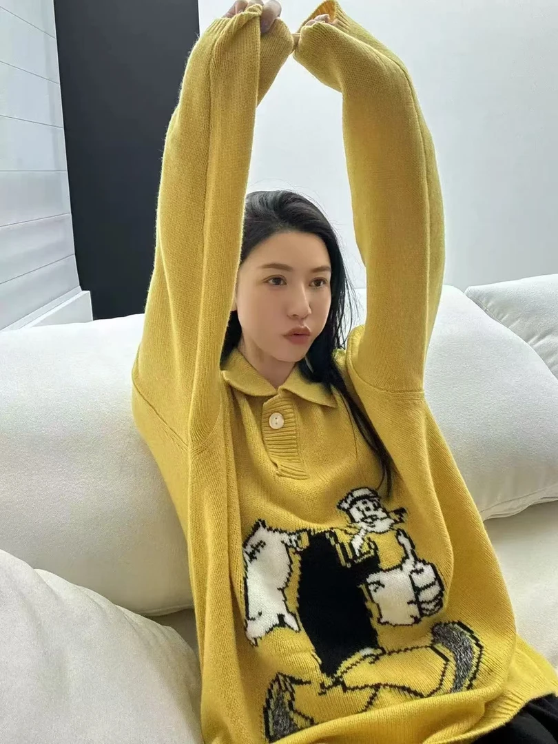 秋冬新款潮流气质时尚翻领半开扣卡通水手宽松减龄针织上衣1331-G