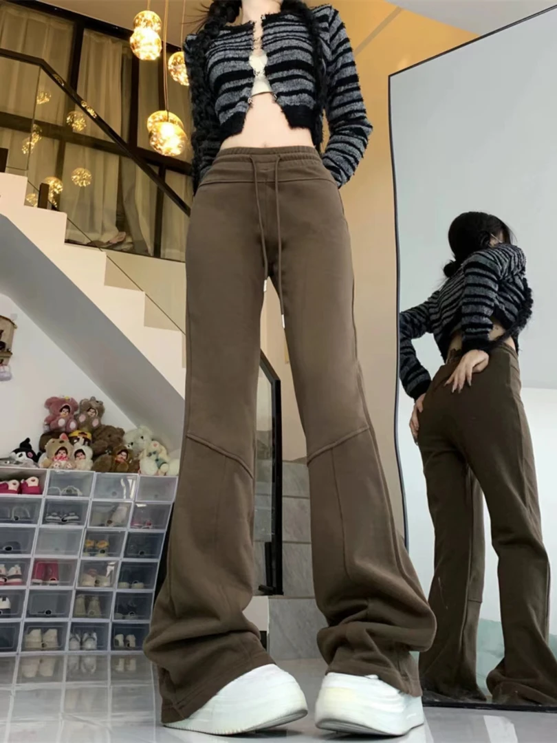 秋冬款加绒辣妹气质设计感褶皱显瘦线显瘦拖地微喇休闲裤23213-G