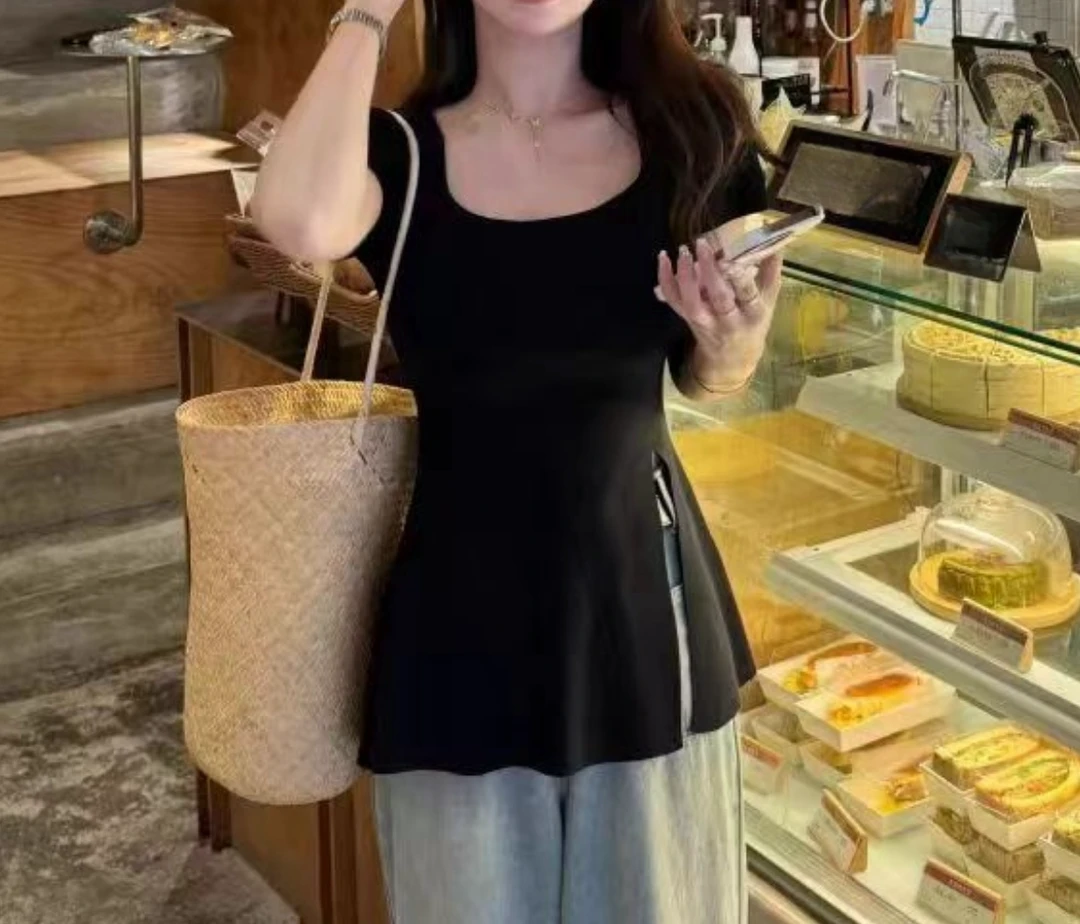 夏季新款简约辣妹气质减龄显瘦设计感方领下开叉短袖百搭针织衫-L