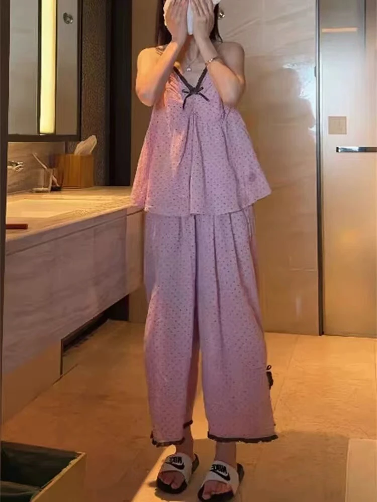 夏季新款轻奢高级感拼接花边小波点吊带上衣阔腿裤家居套装9313-P