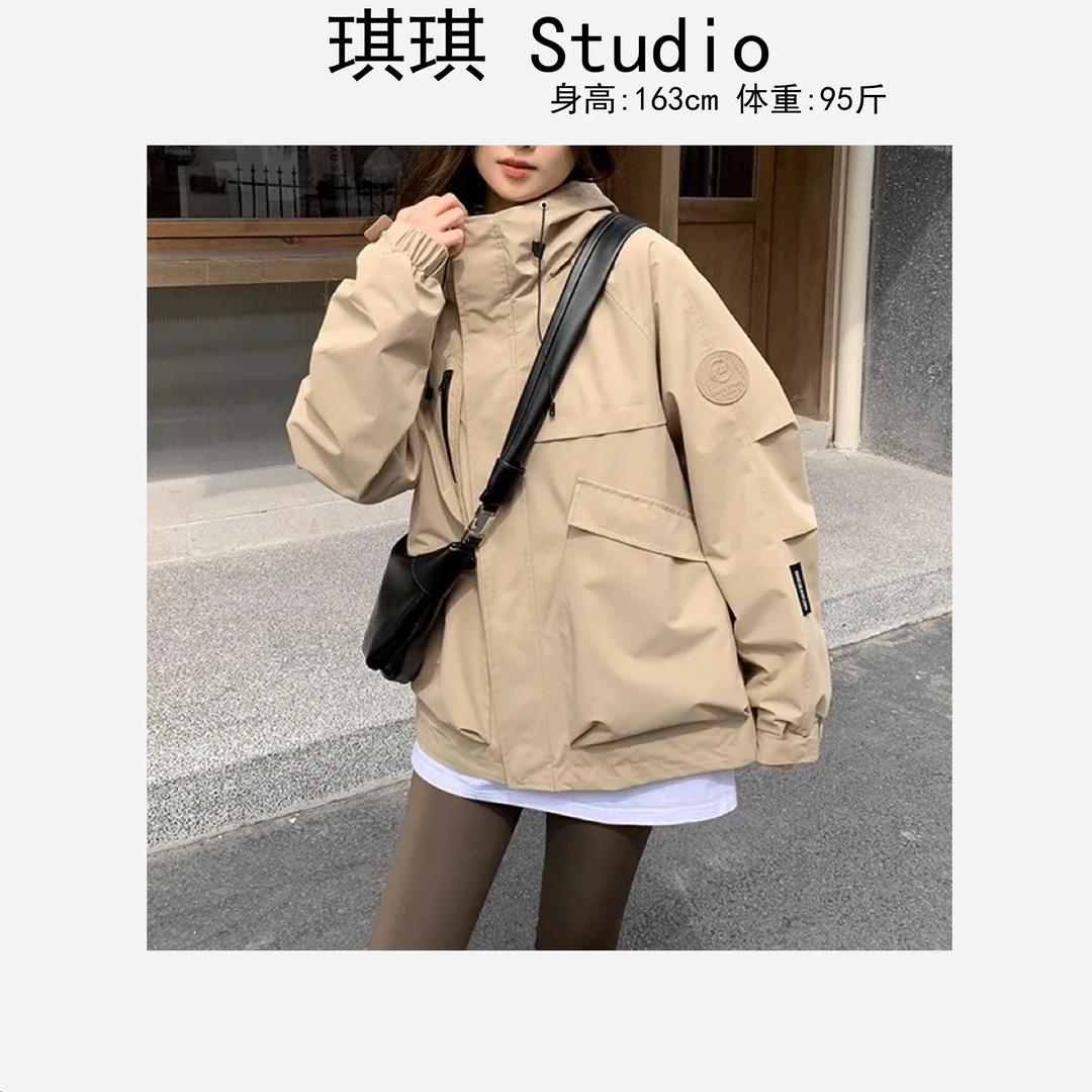秋冬季新款连帽抽绳大口袋袖字母圆圈标志宽松减龄加棉外套808-N