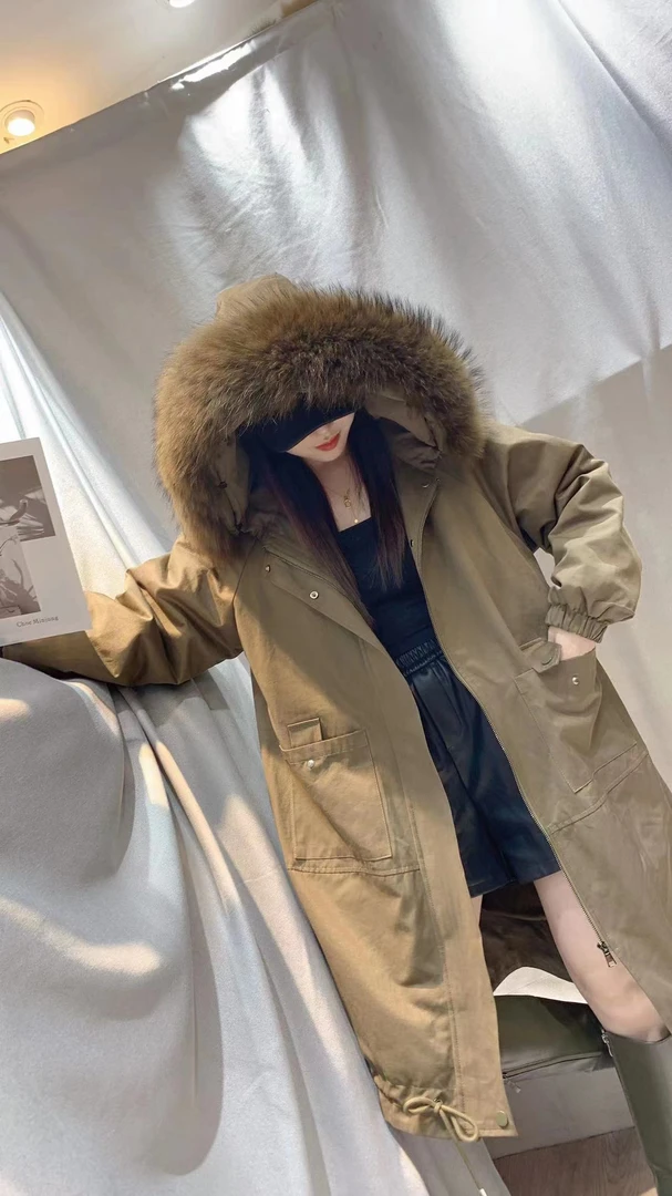 秋冬新款加绒重工大毛领斜口袋中长款宽松百搭派克服外套8021-G