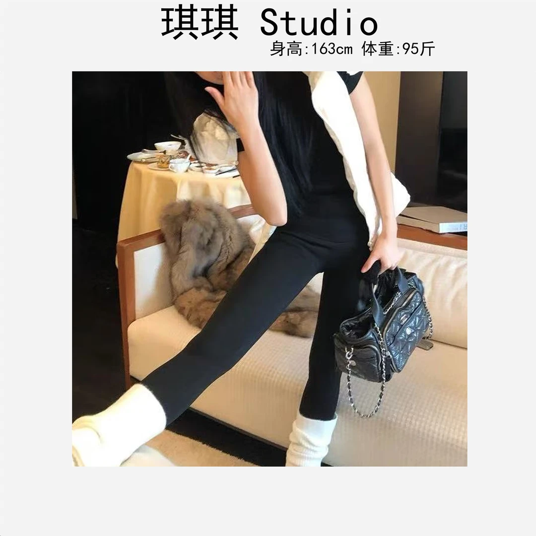 2024冬季新款黑金高腰内里护膝拼色格子高腰弹力生姜外穿芭比裤-M