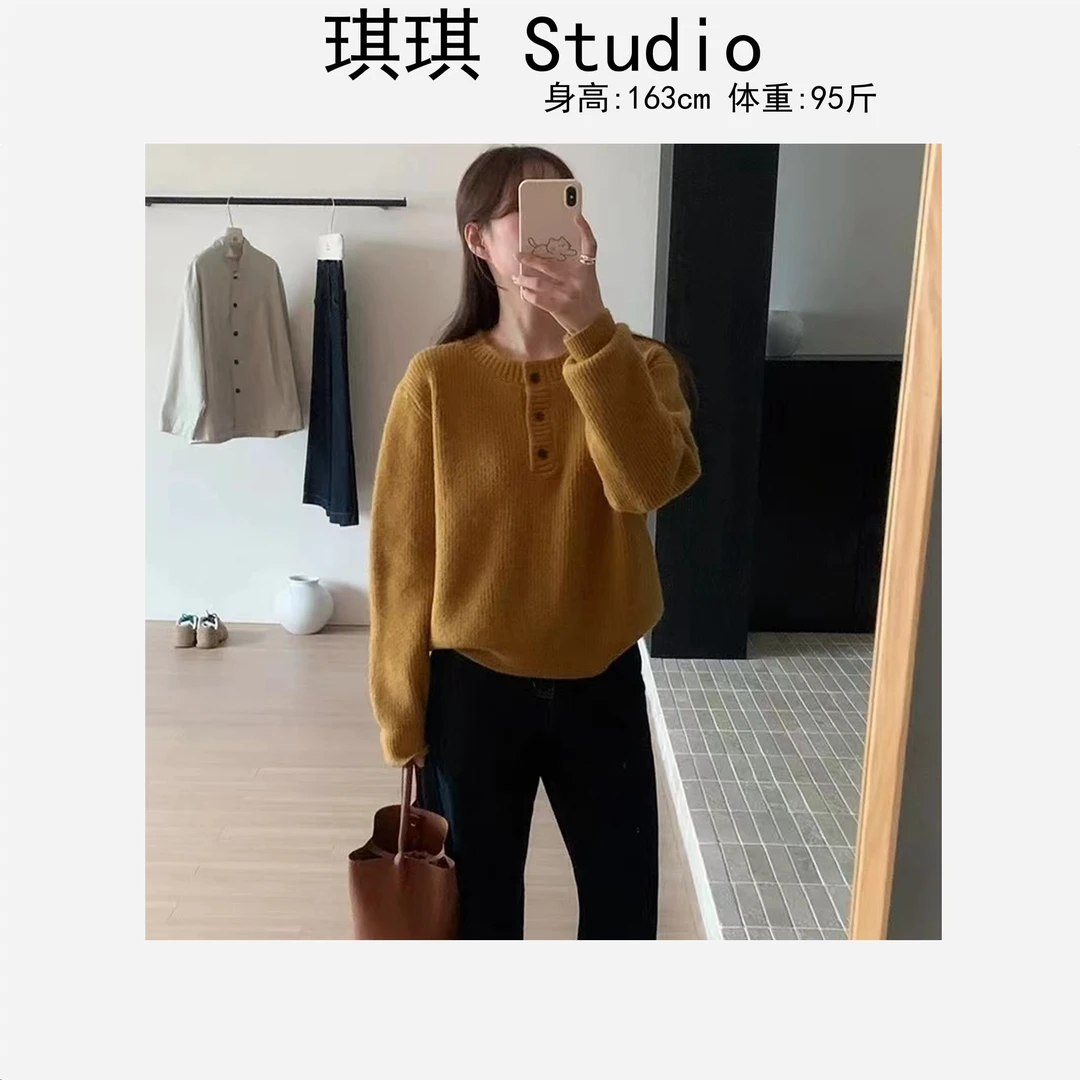 秋冬季新款潮流气质时尚圆领半开扣洋气时尚减龄百搭针织毛衣-G