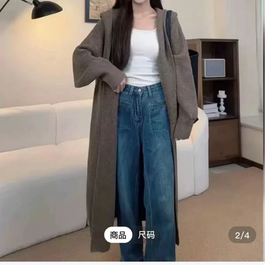 秋冬新款中长款连帽大口袋气质时尚减龄大版百搭针织开衫外套-ZM