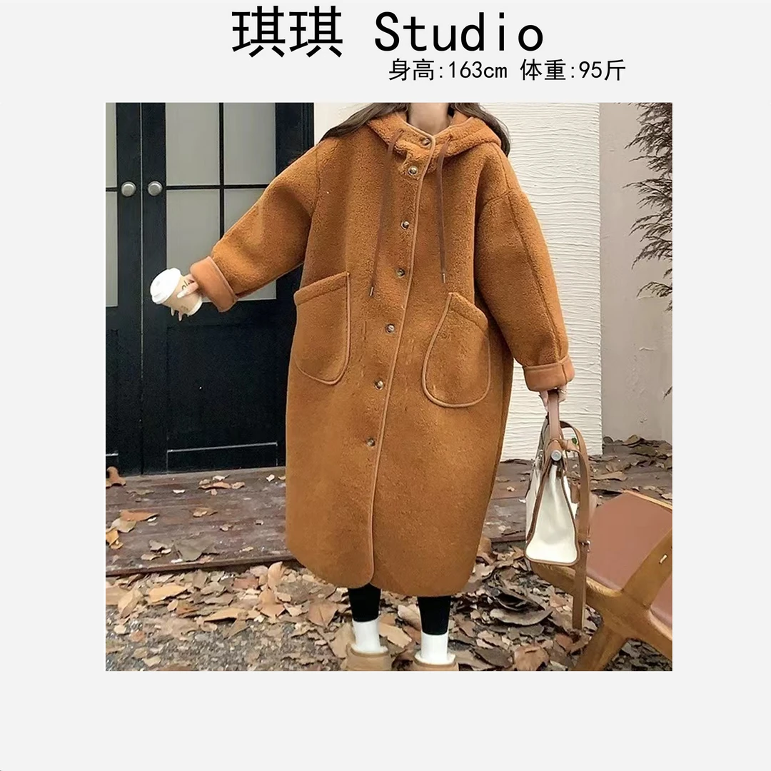 秋冬季新款轻奢高级感中长款气质时尚抽绳连帽排扣减龄羔毛外套-G