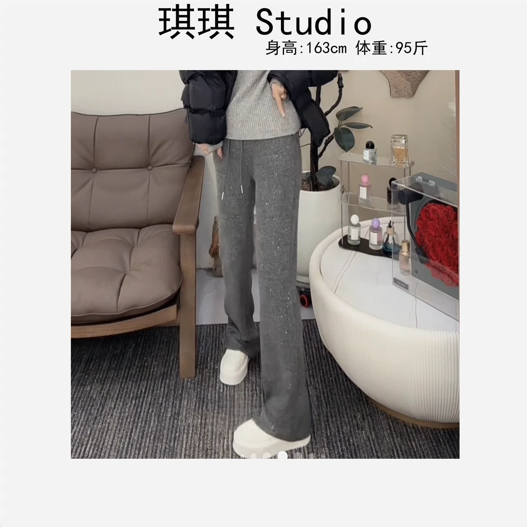 冬季新款加绒重工闪闪满天星松紧腰抽绳宽松显瘦减龄微喇裤8831-G