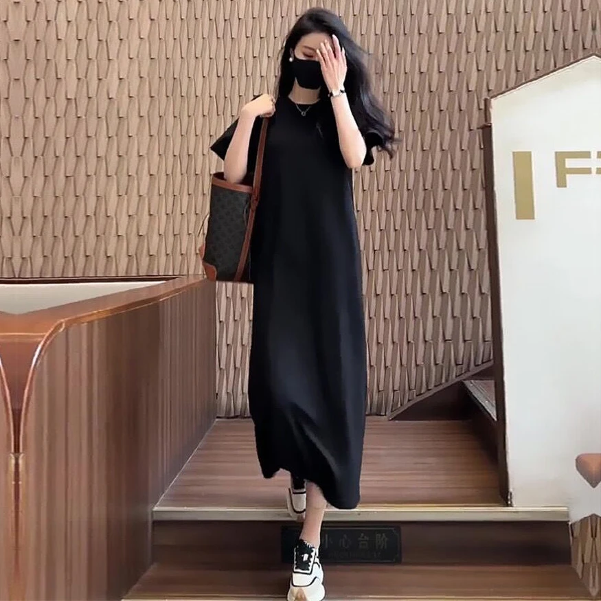 休闲大码短袖过膝t恤裙女韩版宽松中长款显瘦黑色遮肚针织连衣裙