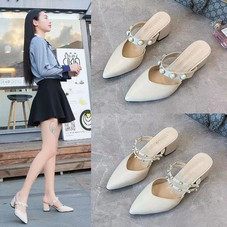 2024新款高跟外穿中跟粗跟两穿包头穆勒鞋百搭半拖珍珠凉拖鞋秋夏