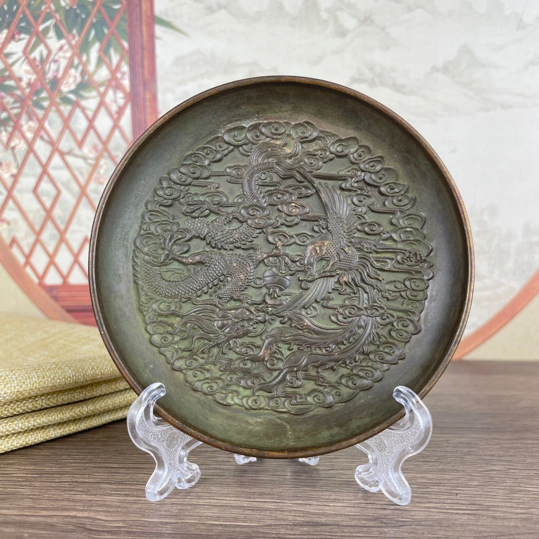 古典文玩供盘龙凤盘桌面摆件做旧仿古铜书房桌面笔掭文房四宝浮雕