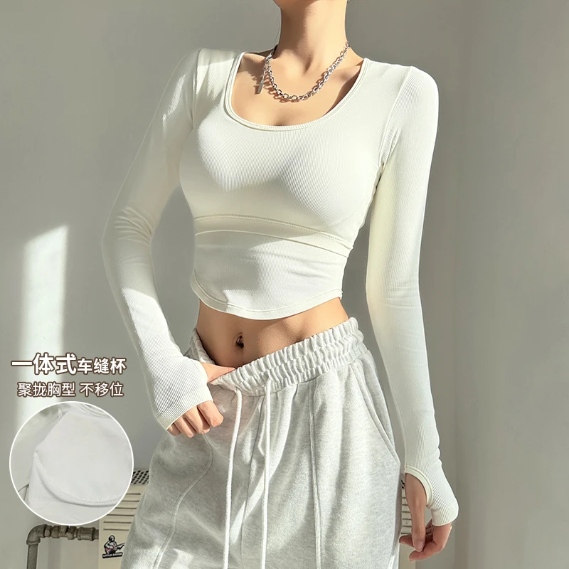TEETKE一体式含胸垫瑜伽服女性感紧身健身长袖冬款舞蹈运动上衣