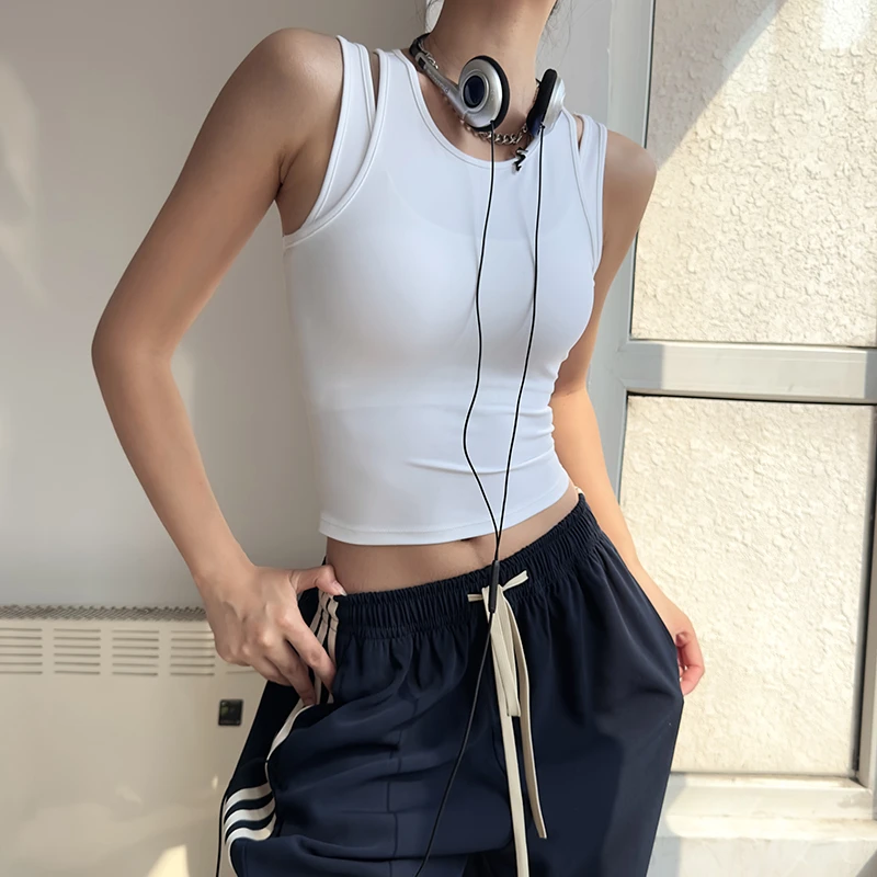 TEETKE含胸垫运动背心女训练健身上衣无袖假两件短款瑜伽文胸夏季