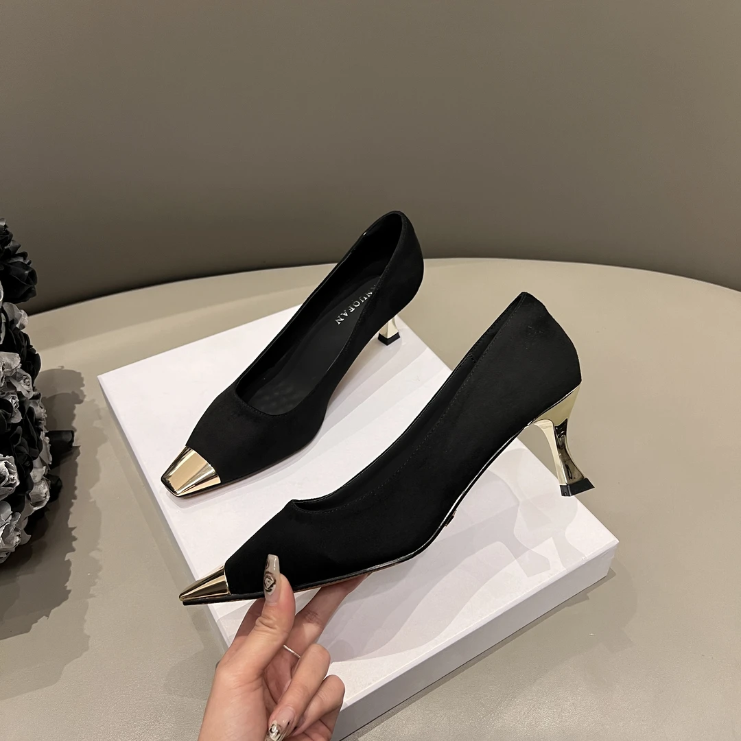 黑色高跟鞋女夏款法式小众设计感气质名媛配裙子金属头方跟单鞋女