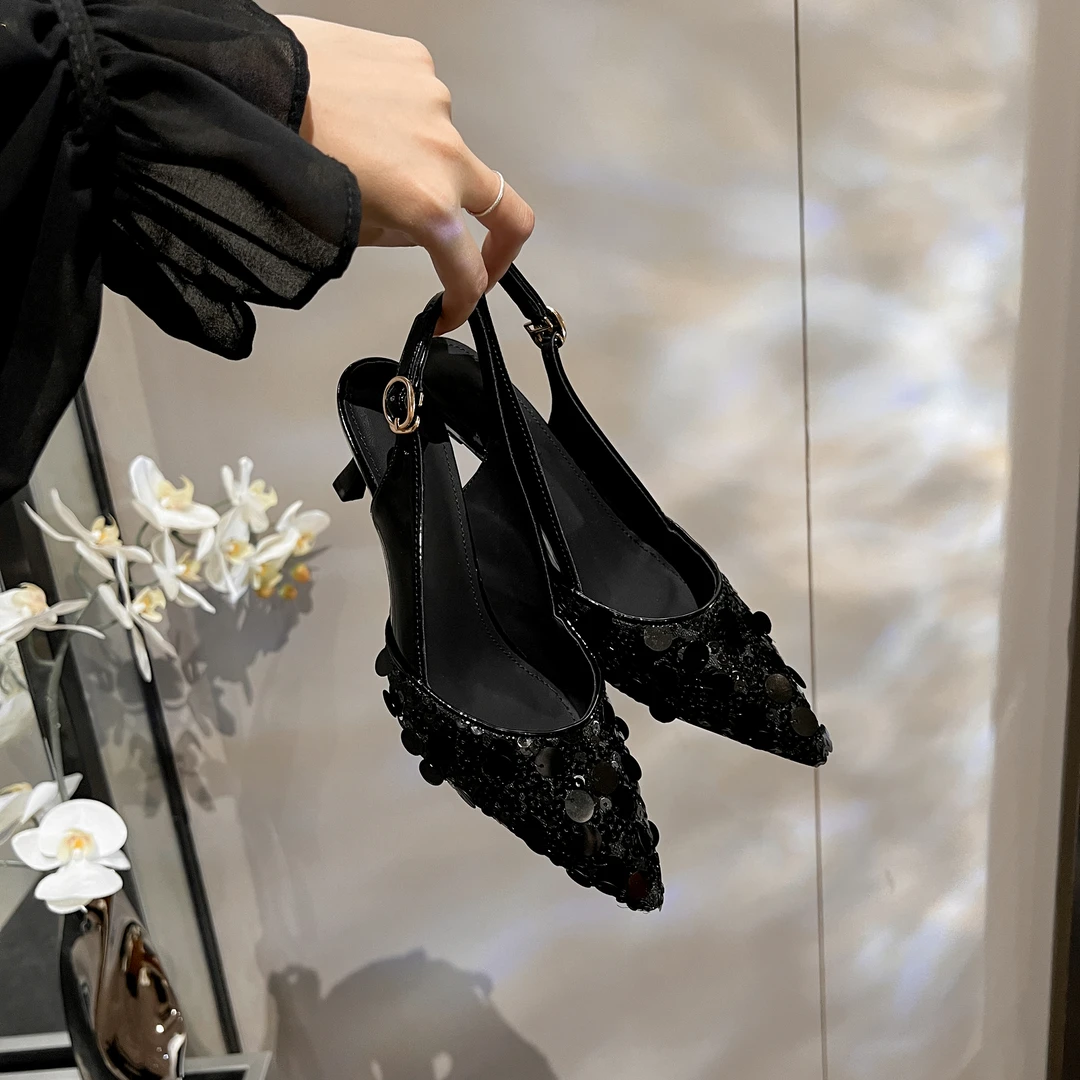 (断码清货链接)高跟鞋一字后带设计感时尚气质细跟尖头亮片高跟鞋