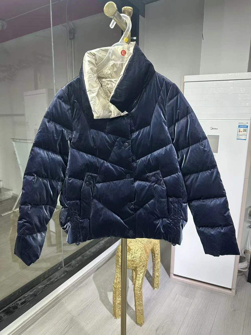 【5007】冬季蓝色亮面休闲直筒保暖长袖羽绒服