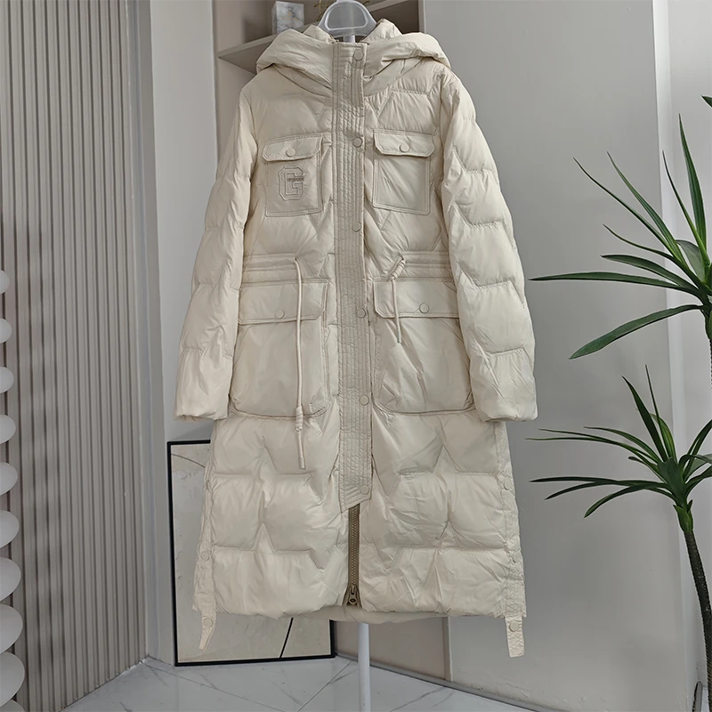 【Y082】女士连帽中长款白色加厚保暖羽绒服