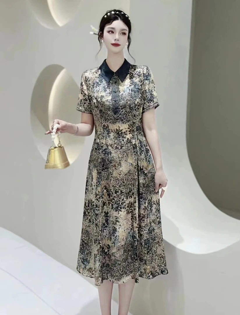 【JX720】印花气质长裙夏季裙子碎花轻奢休闲女士复古连衣裙洋气