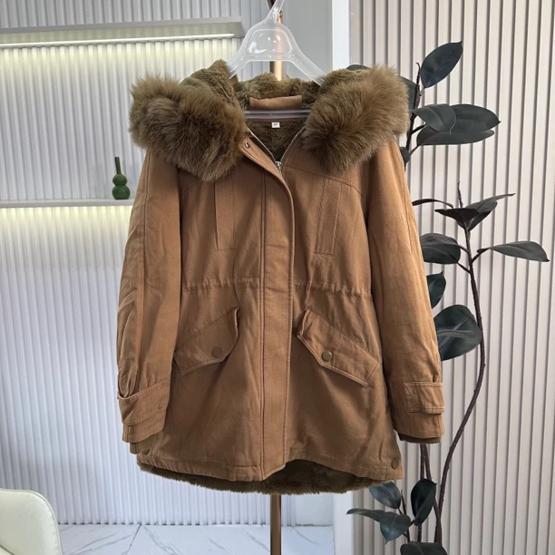 JX【AD381毛领派克服】时尚休闲百搭女士连帽中长款加绒加厚保暖