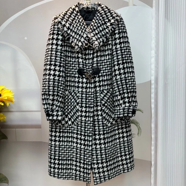 【JX807翻领小香风】千鸟格时尚格子秋冬气质女装冬季黑白外套大衣