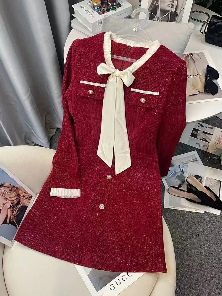 【JX2088连衣裙】显瘦气质法式收腰小香风秋冬裙子长袖时尚复古