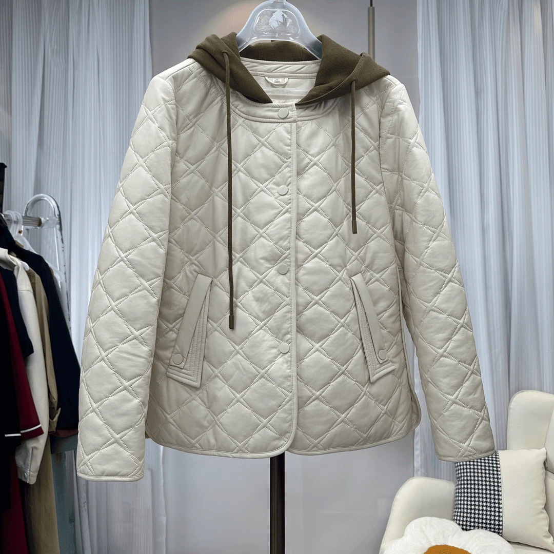 JX【HLQ33棉服】PU连帽外套女装短款时尚休闲百搭保暖韩版菱格加厚