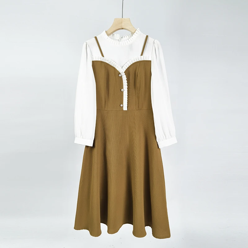 【JX89黄黑裙子】新款春秋时尚百搭长袖假两件连衣裙