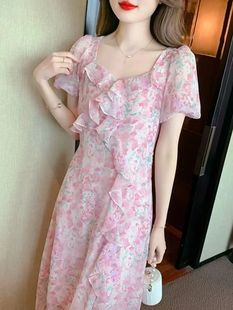 【JX096连衣裙】2024新款粉色气质时尚减龄款连衣裙