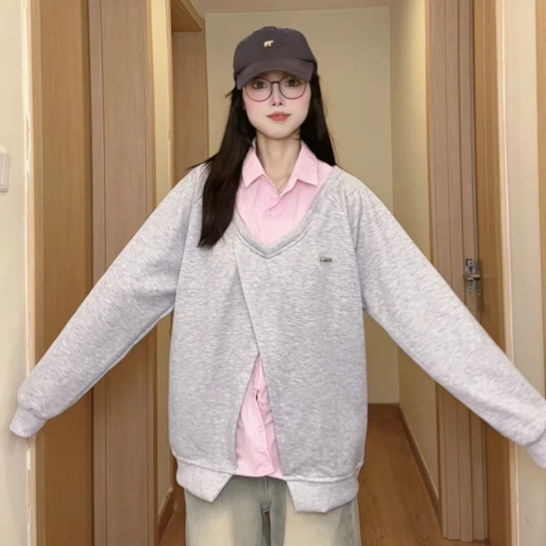 小众不规则假两件拼接设计感长袖Polo领卫衣女秋季宽松百搭衬衣潮