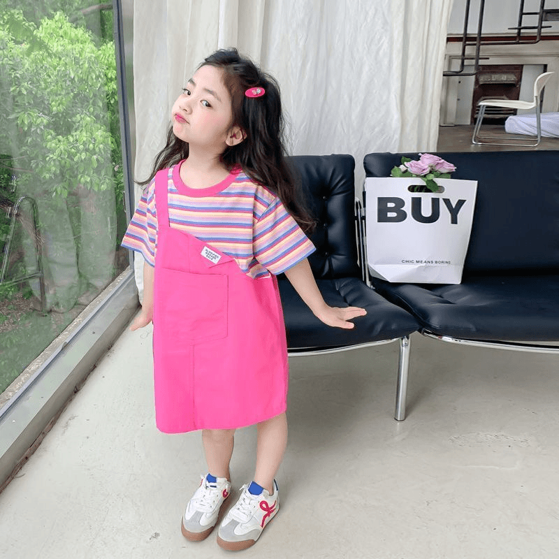 【2024夏装新款】女童洋气背带裙科学宝宝假两件条纹短袖连衣裙套装