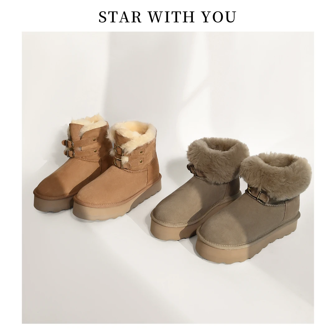【STAR】冬季羊皮毛一体舒适厚底短筒圆头时尚扣带雪地靴女款3cm