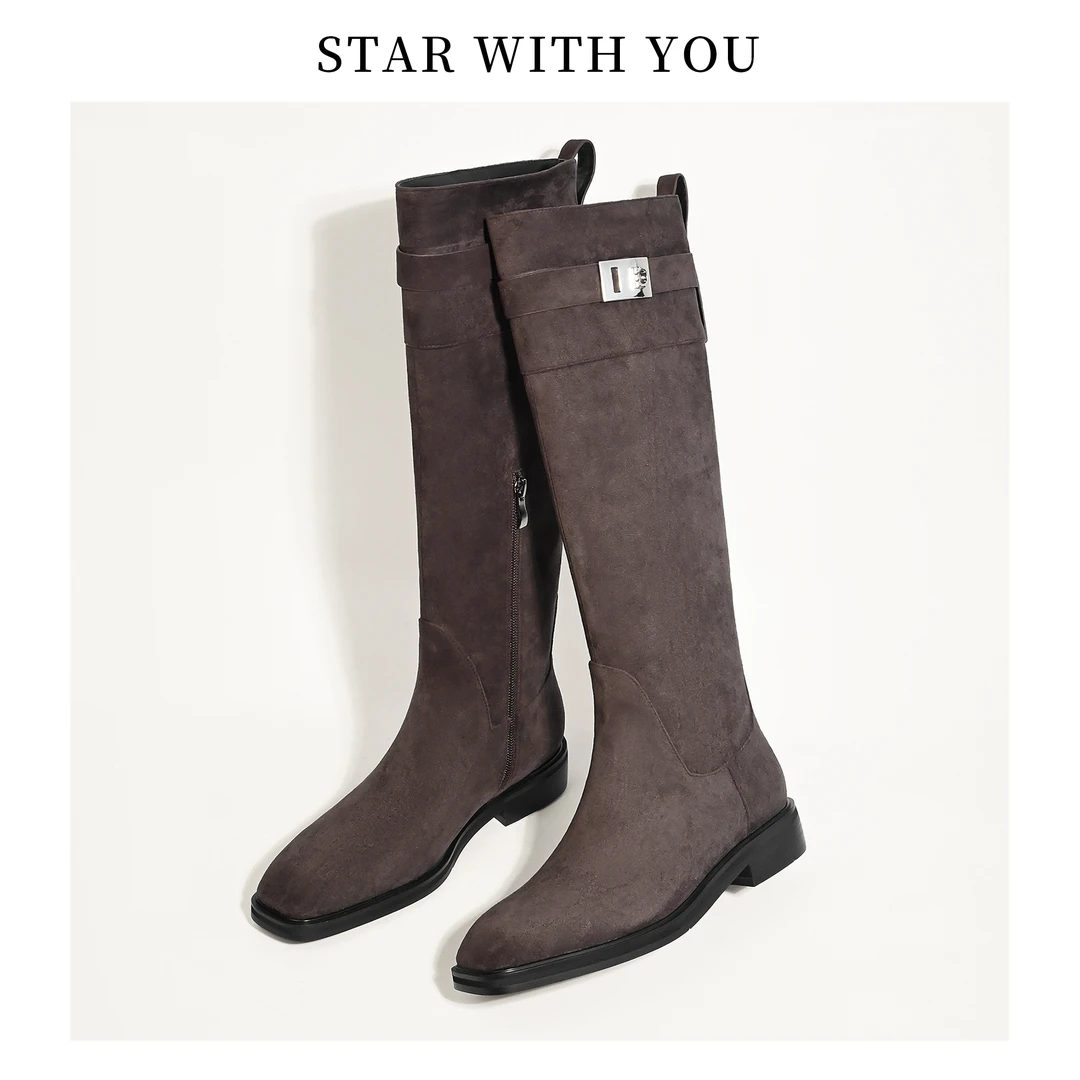 【STAR】独家定制色！复古麂皮绒方头厚底直筒休闲百搭软底骑士靴3cm