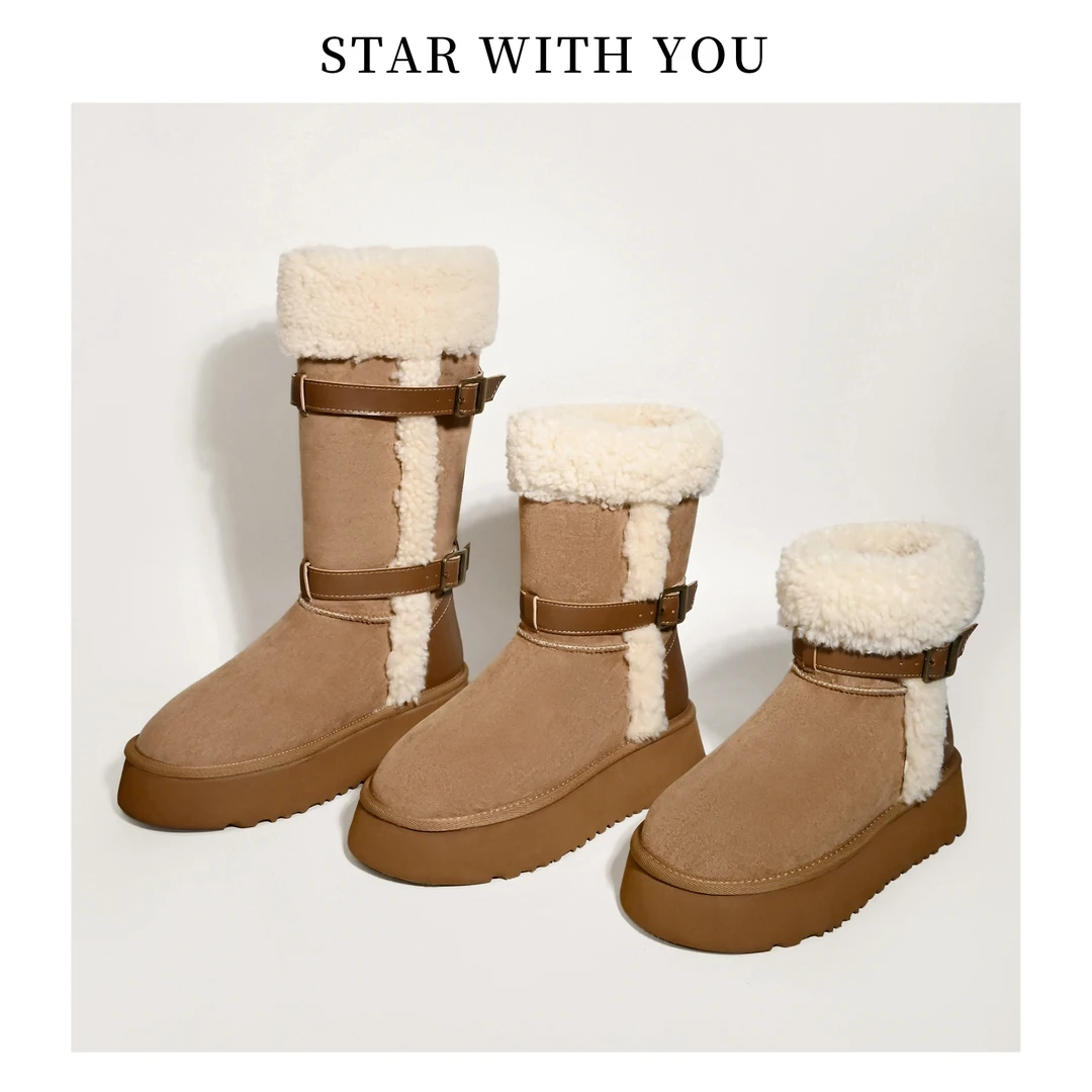 【STAR】绒面双皮带扣时尚松糕底防滑耐磨厚底雪地靴女4cm