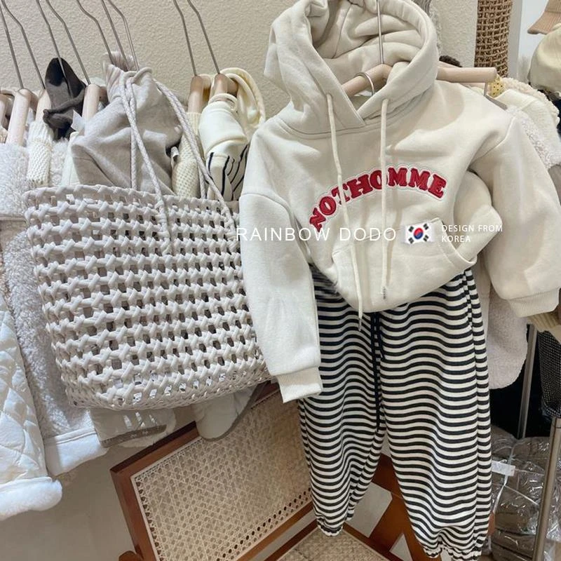 女童加绒字母连帽卫衣韩国童装2023秋冬新款儿童双层毛衣上衣