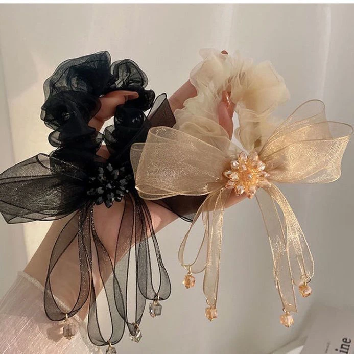 夏季仙网纱蝴蝶结发圈头绳女2023年新款扎马尾皮套头花发饰头饰