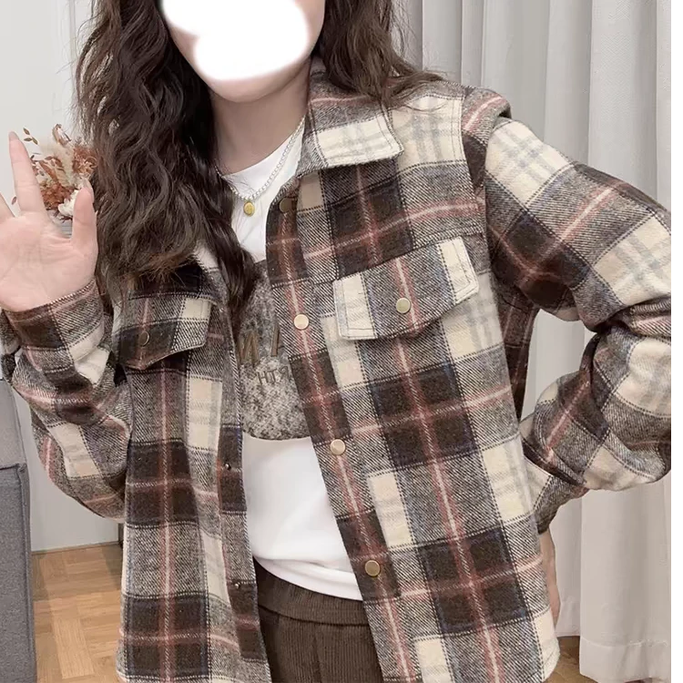 小个子短款撞色翻领格子衬衫女秋冬新款复古长袖休闲百搭开衫外套