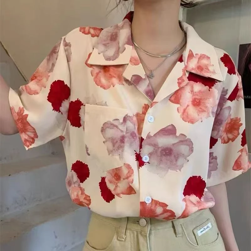 西服领短款港味复古短袖衬衫女夏季新款印花上衣垂感宽松休闲衬衣
