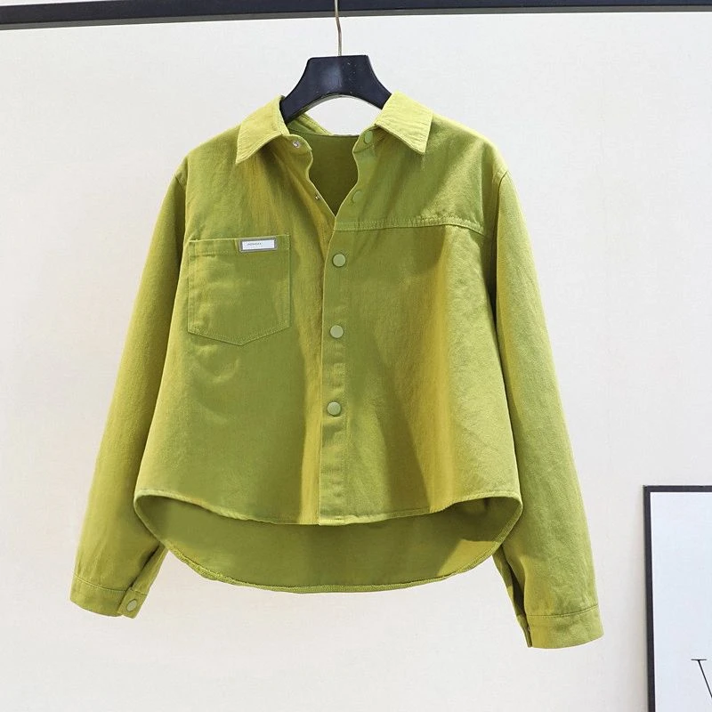 女装纯棉长袖衬衫女士秋冬新款韩版单口袋短款小个子衬衣百搭上衣