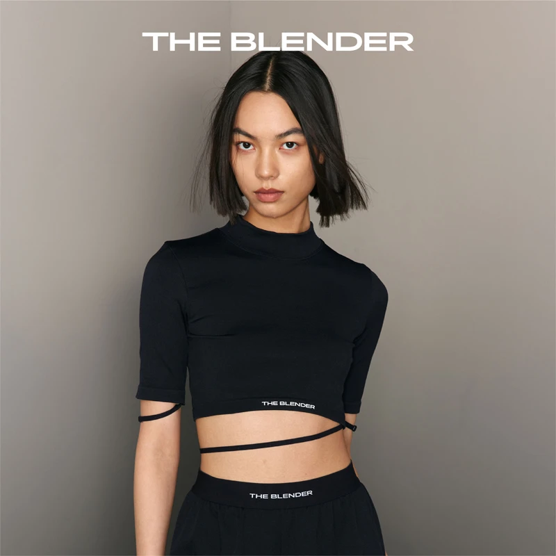 The Blender 绑带罗纹小高领短袖上衣女无缝针织短款修身高腰版型