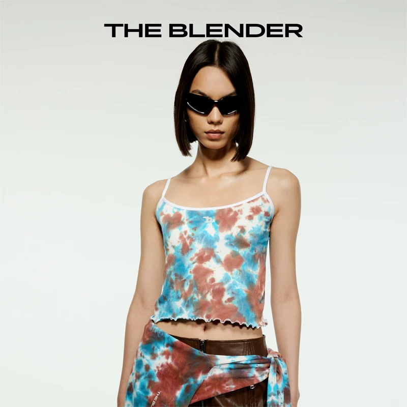 The Blender 刺绣LOGO撞色轻运动荷叶边无缝针织细肩带吊带背心