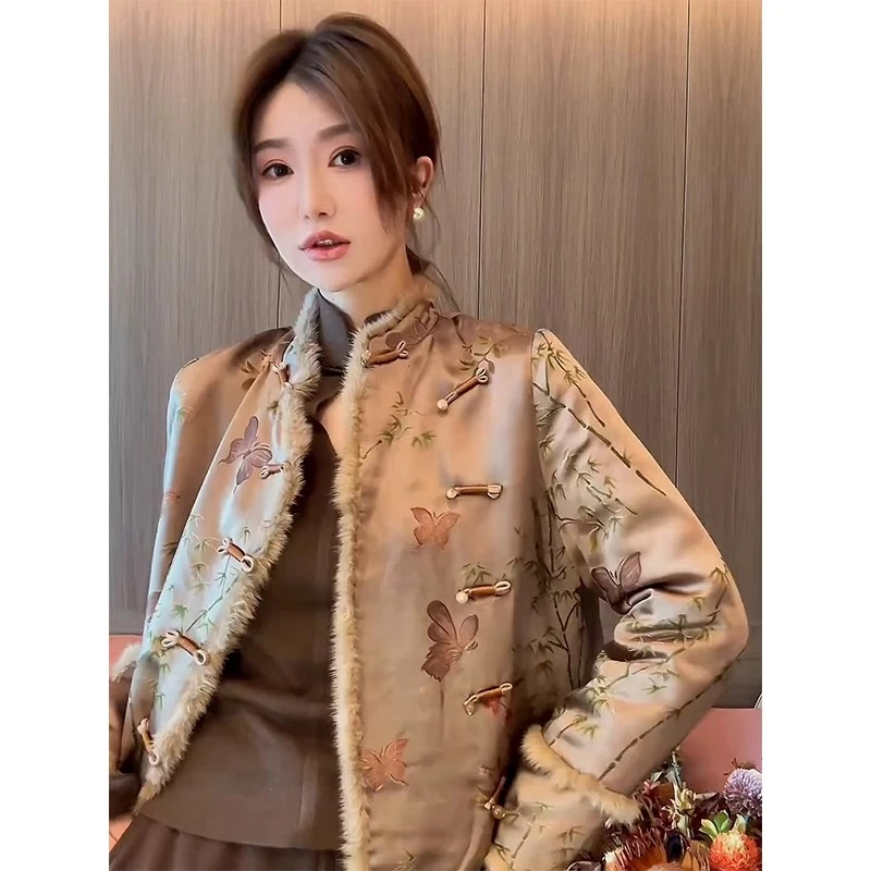 新中式老钱风国风改良棕色缎面印花盘扣外套女复古2023秋冬季新款