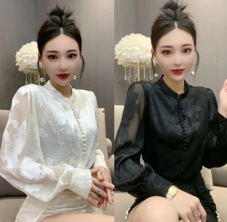 新中式国风多扣网纱灯笼袖民族风刺绣提花复古气质衬衫-8119款-