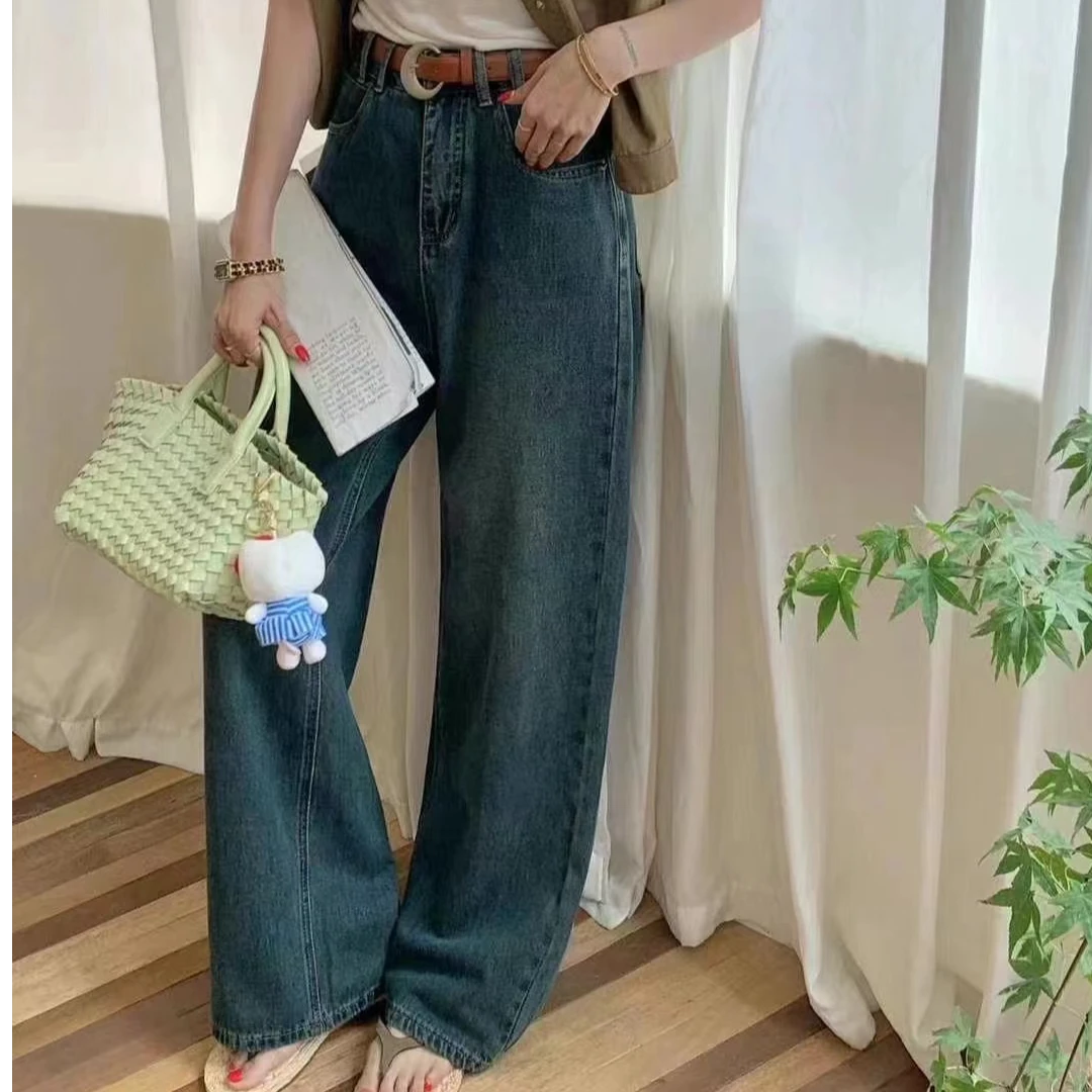 高腰韩系复古牛仔裤显瘦蓝色直筒时尚百搭夏季宽松韩版