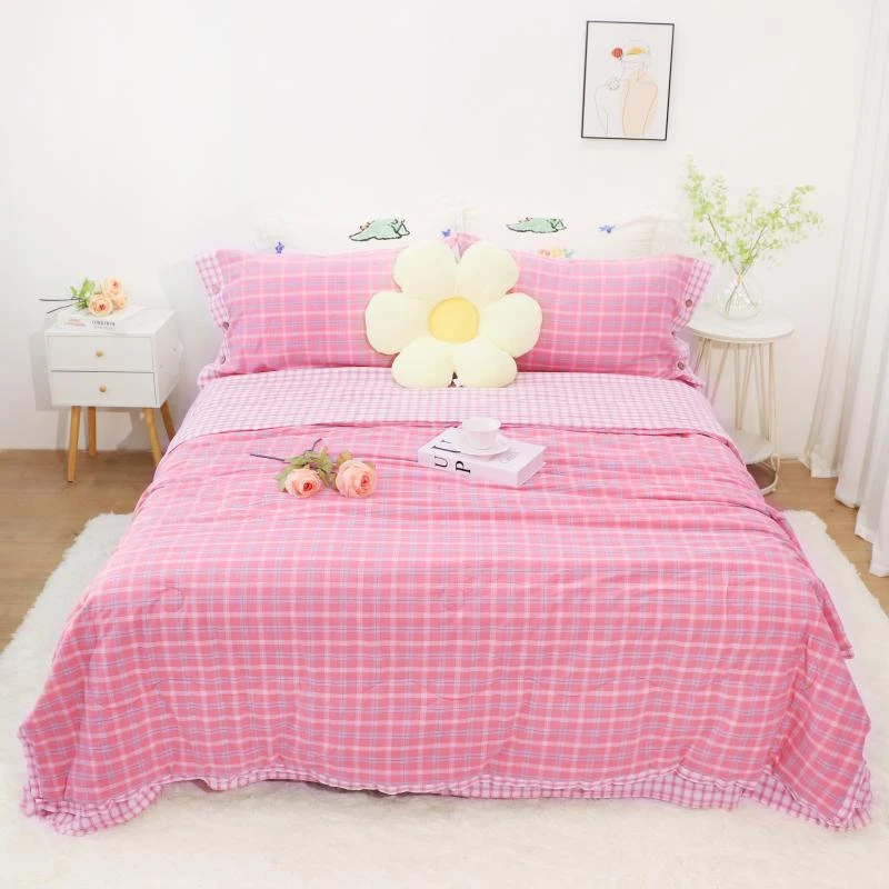 良品绘【阳光夏凉被四件套-纽扣款】A类全棉格子水洗棉时尚舒适清新