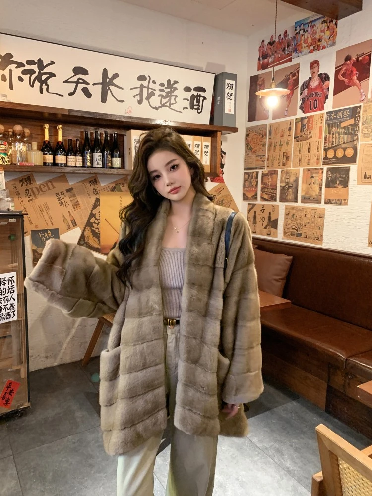 冬季新款水貂整貂真貂中长款女外套开衫时尚洋气年轻款韩版外套
