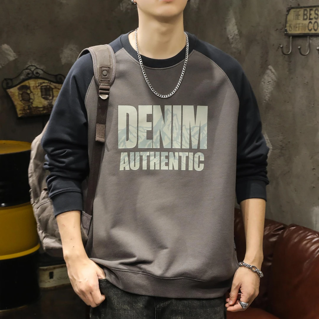 美式复古重磅330克拼接卫衣男春秋季宽松印花长袖T恤潮牌圆领外套