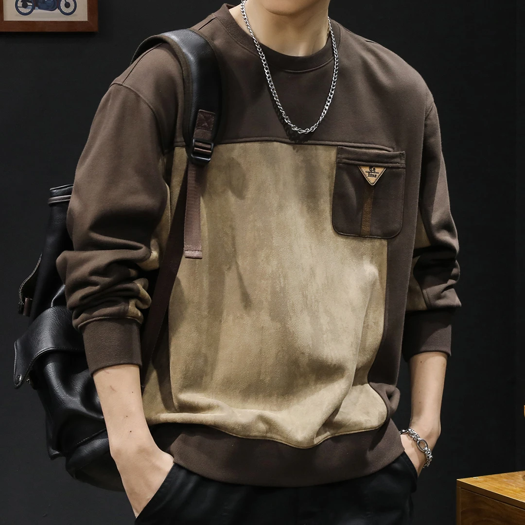 450g重磅麂皮绒卫衣男春秋款2024年新款潮牌美式复古拼色圆领上衣