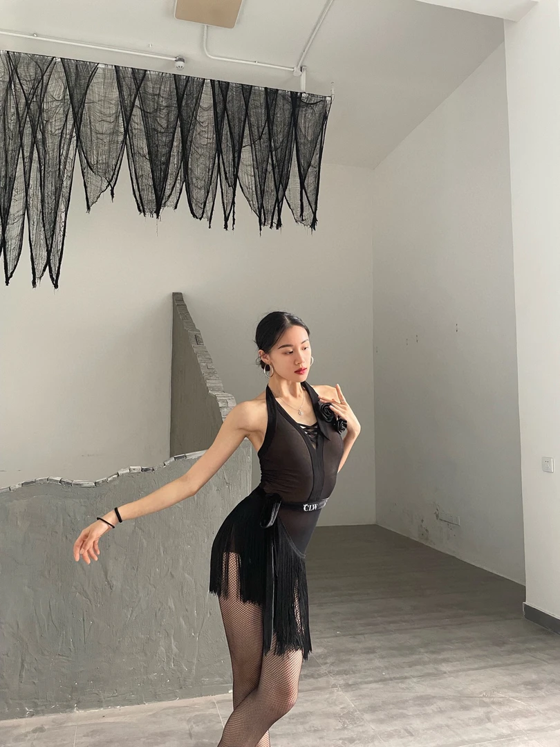 CLW拉丁舞服镂空流苏系带半身裙女生