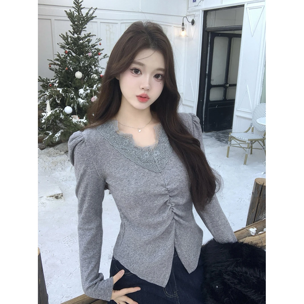 【小曹大码】新款百搭辣妹潮加厚保暖蕾丝领长袖打底衫T恤-ONL33443
