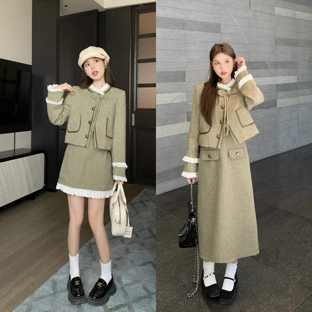 花边拼接小香风盘扣外套秋冬季小众设计甜酷半裙两件套-YSSP6135